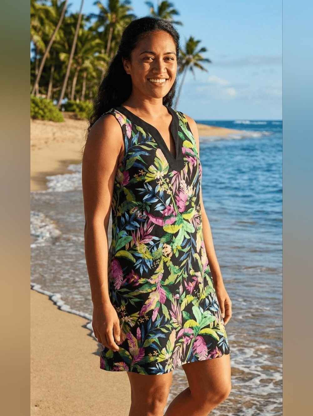 Women's Lands End Medium Sleeveless Dress V-neck Pockets Tropical